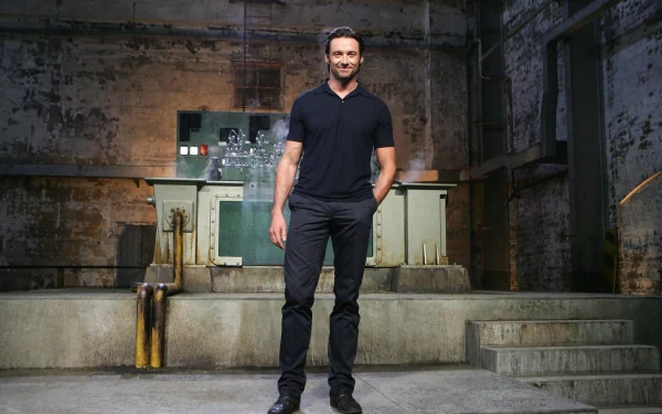 Hugh Jackman stands confidently in a stylish black outfit against a rugged industrial backdrop, creating a striking HD desktop wallpaper for fans and admirers.