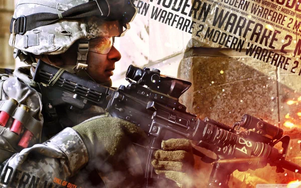 HD desktop wallpaper featuring a soldier in combat gear from Call of Duty: Modern Warfare 2, highlighting intense military action and weapon detail.
