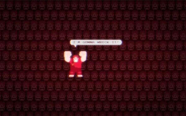 HD PC desktop wallpaper featuring pixelated Ralph from the movie Wreck-It Ralph with the phrase I’m gonna wreck it! against a patterned red background.