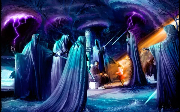 HD desktop wallpaper featuring dark, hooded demons with glowing eyes in a mystical, eerie setting.