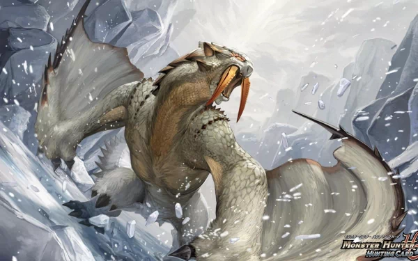 A fierce monster from Monster Hunter charges through a snowy landscape, showcasing dynamic motion and intricate details, designed as a high-definition PC desktop wallpaper.