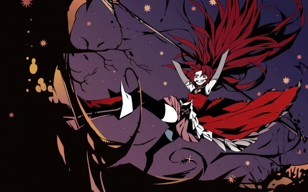 HD PC desktop wallpaper featuring Kyōko Sakura from the anime Puella Magi Madoka Magica, depicted with flowing red hair and dynamic pose against a dark, starry background.