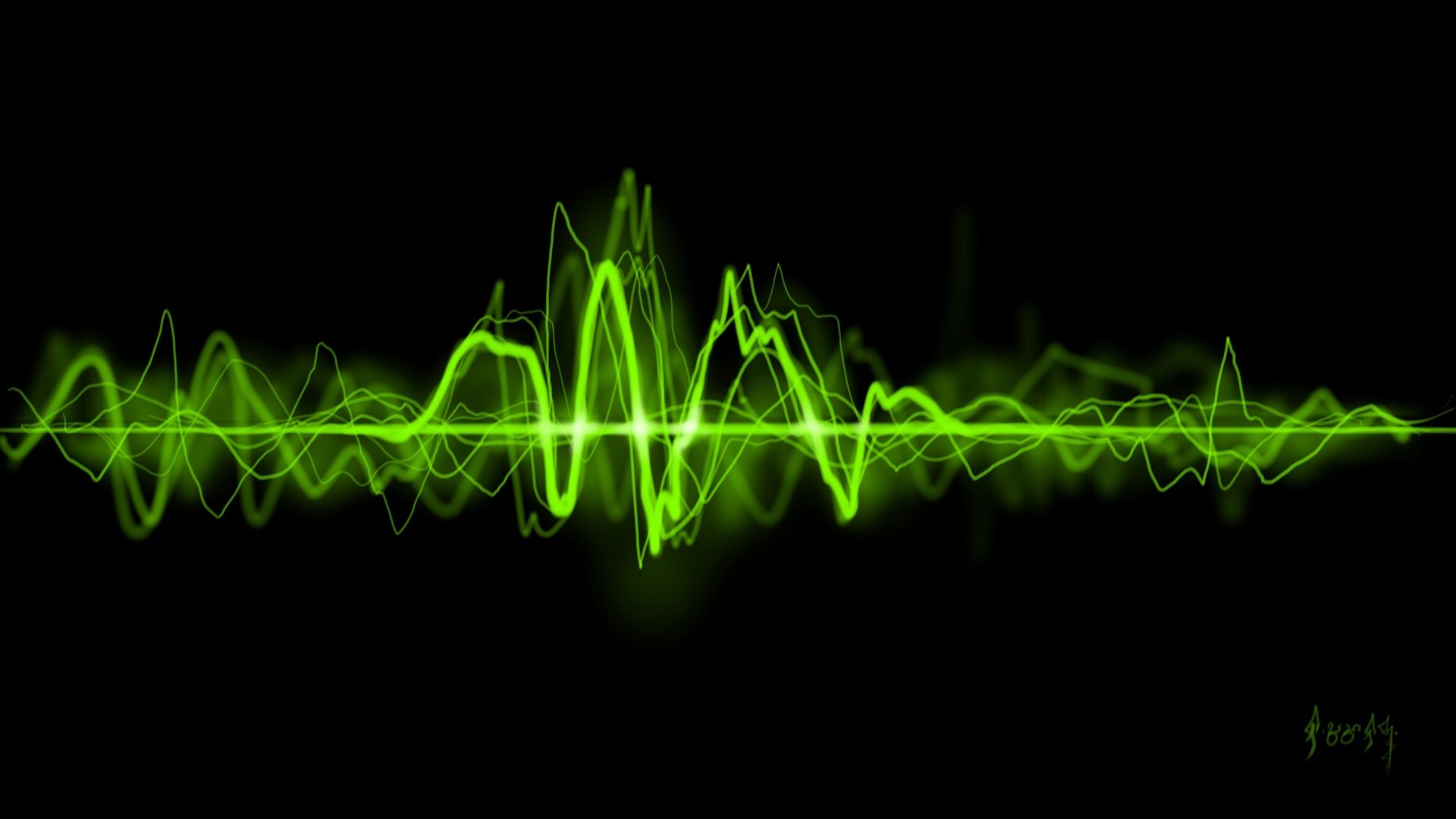 Artistic, cool HD PC desktop wallpaper featuring vibrant green soundwave patterns against a black background.