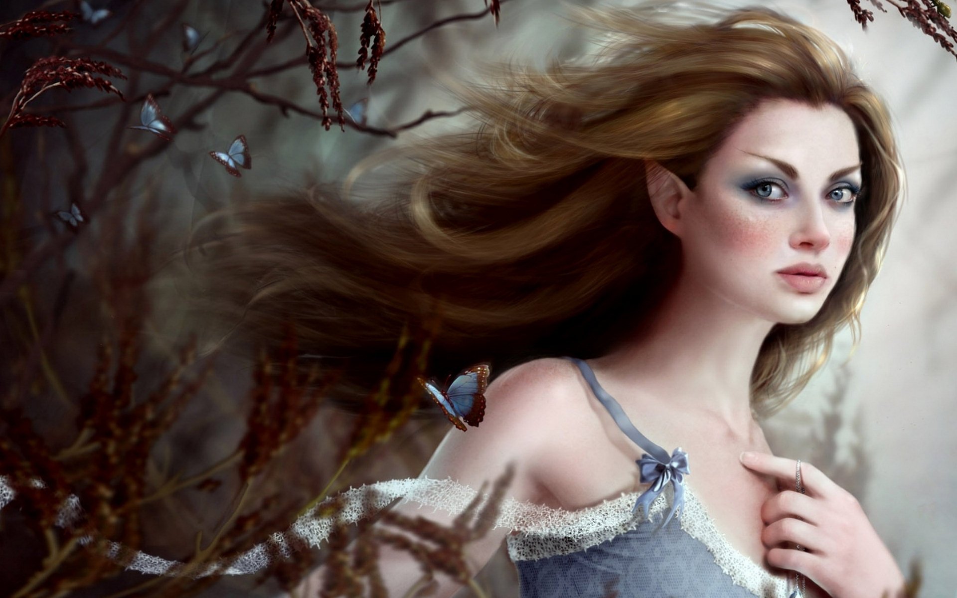 A fantasy-themed HD desktop wallpaper featuring a captivating woman with flowing hair, surrounded by delicate butterflies and an enchanting natural backdrop.