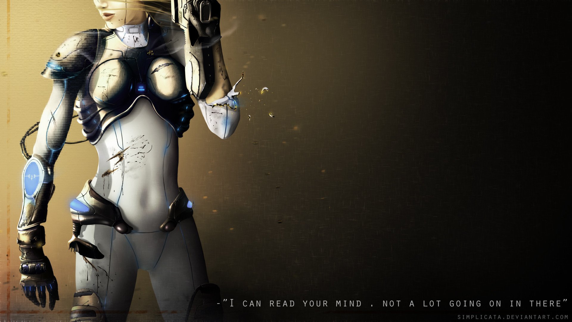HD PC desktop wallpaper featuring a detailed female character from the video game Starcraft, showcasing futuristic armor and a dark, moody background.