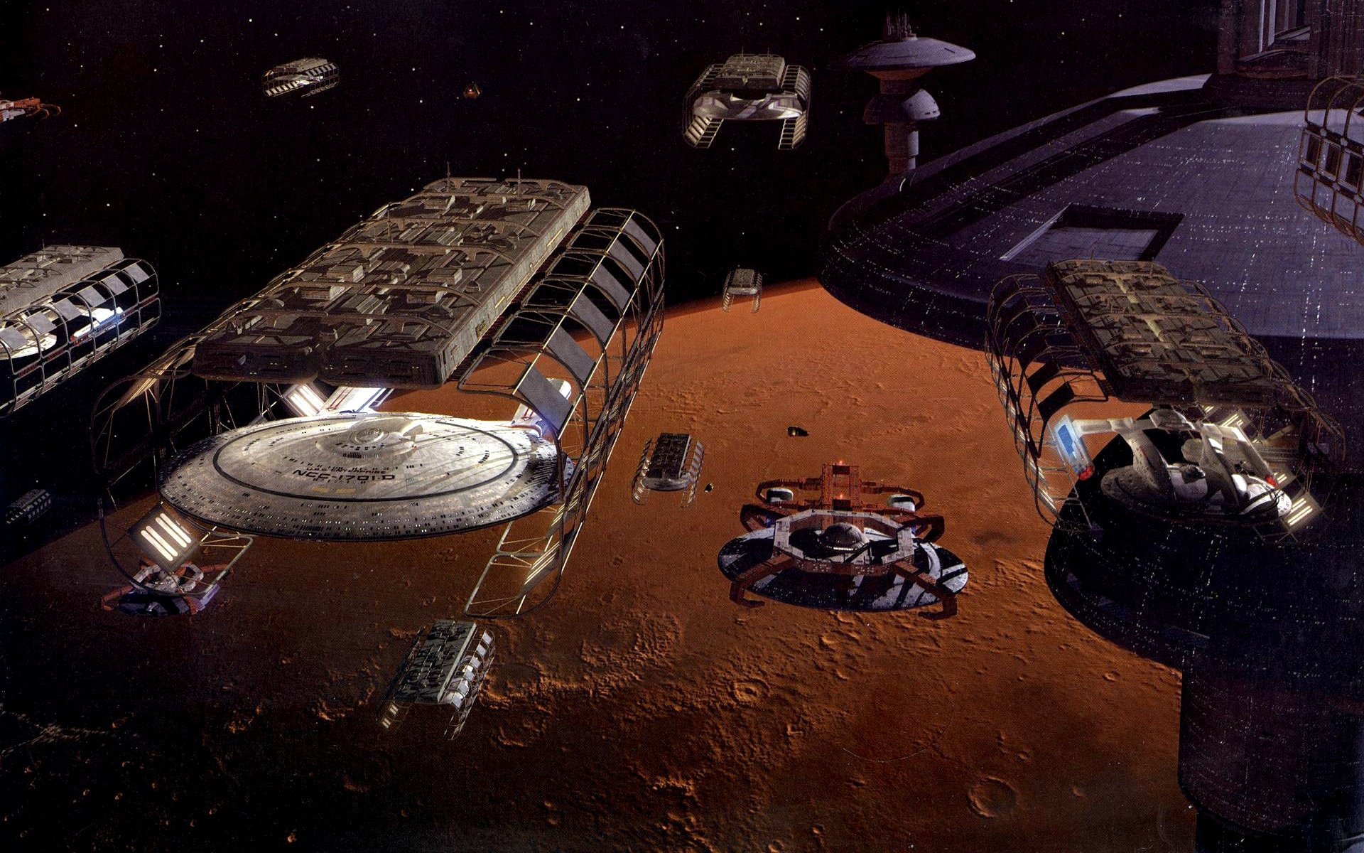 HD PC desktop wallpaper featuring a Star Trek sci-fi scene with starships orbiting a red planet, showcasing futuristic space technology and exploration.