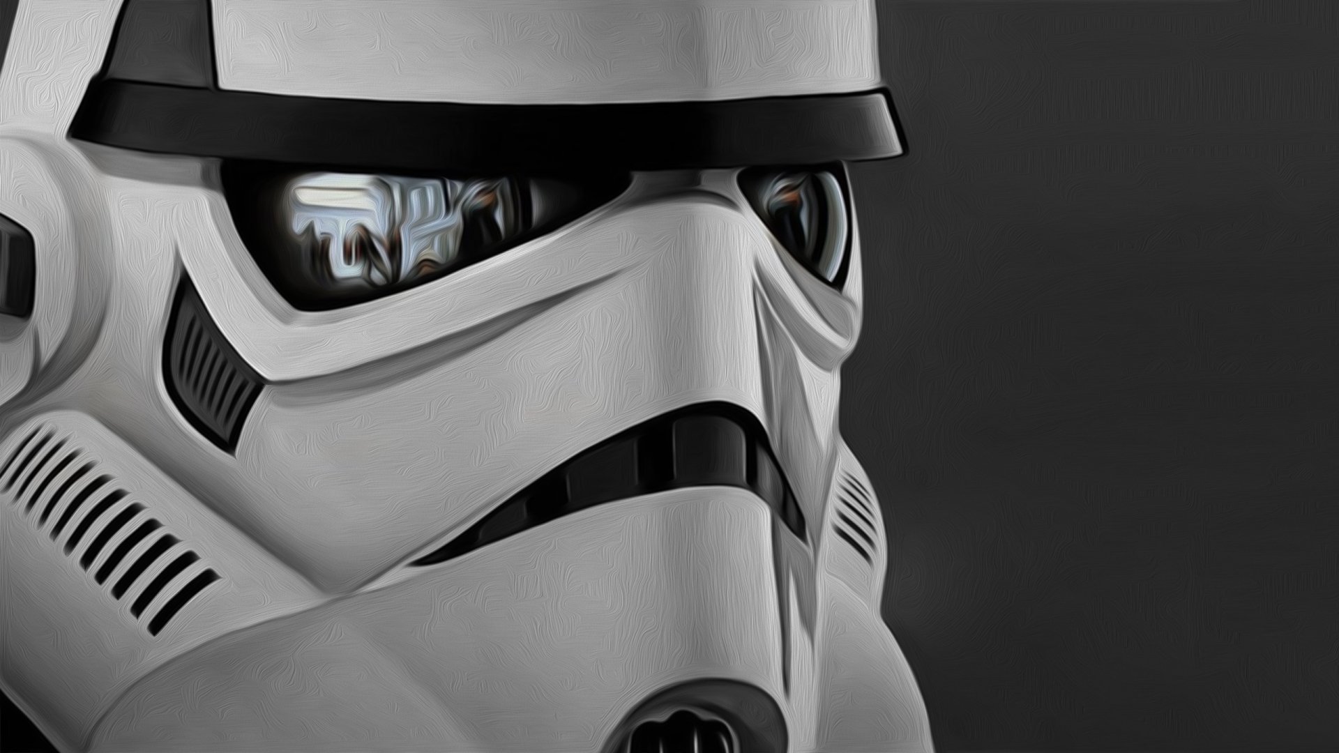 A close-up of a Stormtrooper helmet from Star Wars, showcasing intricate details and reflections in the visor. This HD image serves as a striking desktop wallpaper and background.