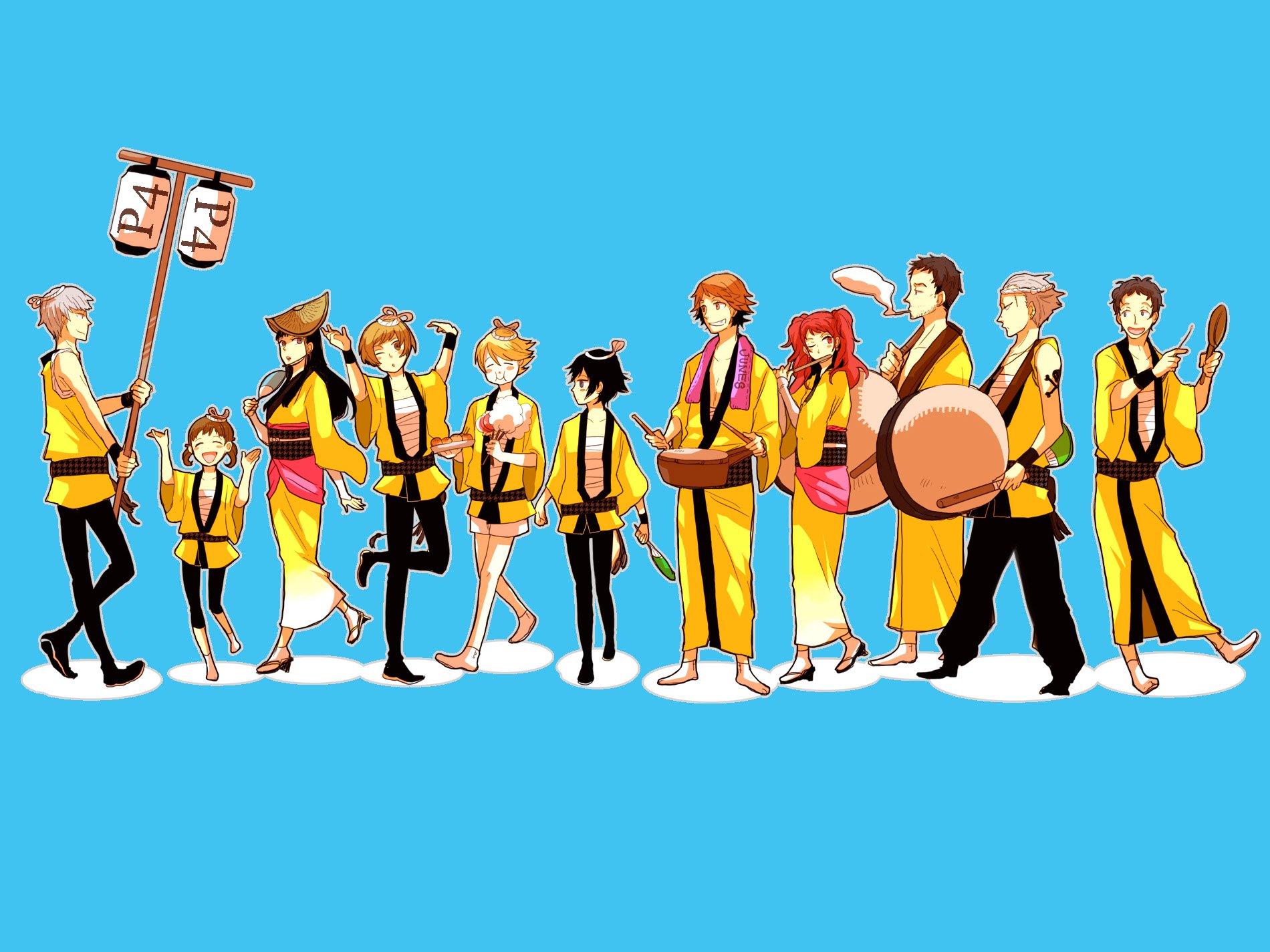 HD desktop wallpaper featuring Persona 4 characters dressed in festival attire, participating in a lively parade against a bright blue background.