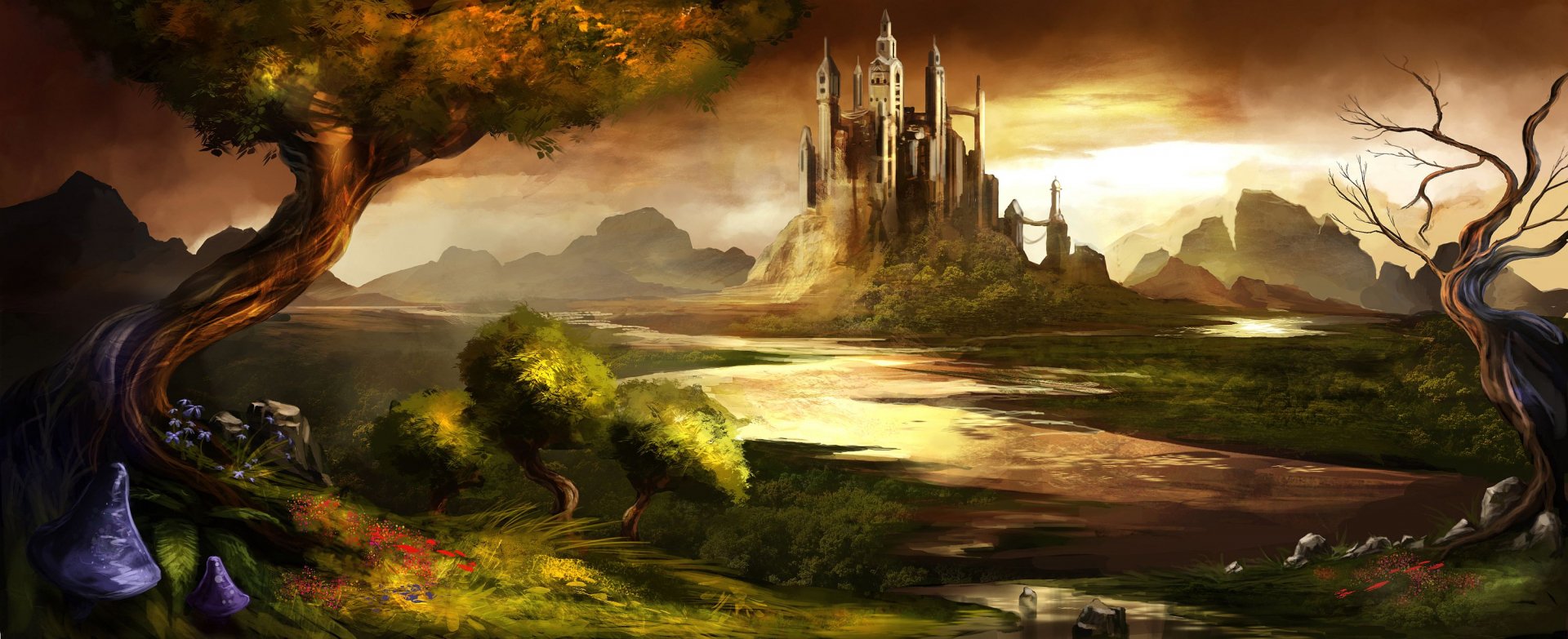 HD PC desktop wallpaper from the video game Trine featuring a fantasy landscape with a grand castle atop a hill under a golden sky.
