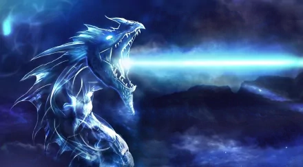 A stunning fantasy HD desktop wallpaper featuring a fierce dragon emanating a powerful blue beam, set against a mystical dark background.