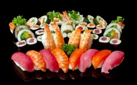 HD PC desktop wallpaper featuring an assortment of vibrant sushi pieces, including nigiri and rolls, artfully arranged on a black background.