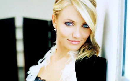 Cameron Diaz gazes confidently in this HD desktop wallpaper, showcasing her striking features and elegant style against a softly blurred background.