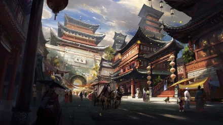 An artistic depiction of a bustling city street, featuring traditional architecture, vibrant lanterns, and people interacting, set against a dramatic sky. High-definition desktop wallpaper.