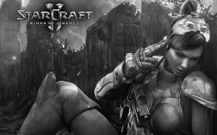 HD PC desktop wallpaper featuring a character from the video game Starcraft II: Wings of Liberty in a detailed sci-fi armor setting.