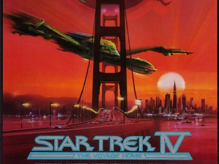 HD PC desktop wallpaper featuring a vibrant red sunset over the Golden Gate Bridge with the spaceship from Star Trek IV: The Voyage Home soaring above the city skyline.