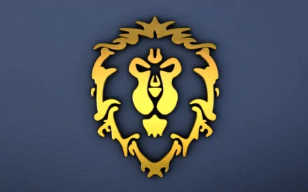 HD desktop wallpaper featuring the golden lion emblem of the Alliance faction from the World of Warcraft video game against a dark blue background.