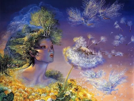 A surreal fantasy scene featuring a woman with a nature-inspired hairstyle, surrounded by delicate dandelion seeds and lush landscapes, creating an enchanting HD desktop wallpaper.