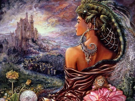 A colorful fantasy painting features a woman adorned with an iguana, gazing towards a majestic castle amidst a vibrant landscape, creating an enchanting scene.