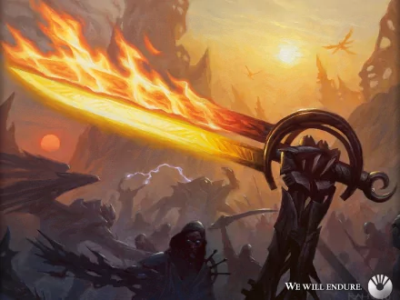 HD PC wallpaper featuring a fiery, man-made sword from Magic: The Gathering, set against a dramatic, fantasy landscape with glowing skies and distant flying creatures.