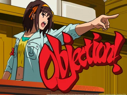 Haruhi Suzumiya passionately shouts Objection! in a dynamic anime courtroom crossover, designed as an HD PC desktop wallpaper background.