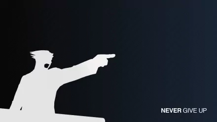 Silhouette of a character from Phoenix Wright: Ace Attorney, pointing assertively with the motivational phrase NEVER GIVE UP, symbolizing perseverance in a sleek HD wallpaper design.