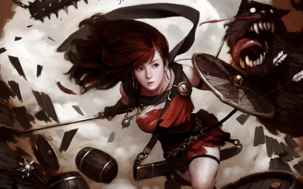 HD PC desktop wallpaper featuring a dynamic scene from the video game Vindictus, showcasing a female warrior in mid-action battle with a monstrous creature.