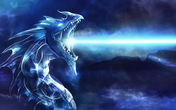 A stunning fantasy HD desktop wallpaper featuring a fierce dragon emanating a powerful blue beam, set against a mystical dark background.