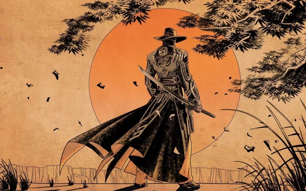 A striking HD desktop wallpaper featuring a lone figure with a sword against an orange sun, inspired by the video game Red Steel, surrounded by nature’s silhouettes.
