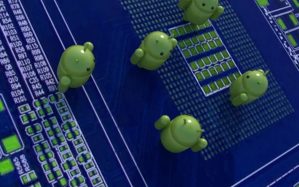 HD PC desktop wallpaper: green Android mascots walking across a blue circuit-board, technology-themed background.