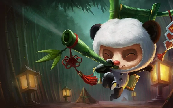 Teemo from League of Legends playfully navigates a bamboo forest, set against a mystical backdrop, capturing the spirit of the popular video game in this vibrant HD desktop wallpaper.