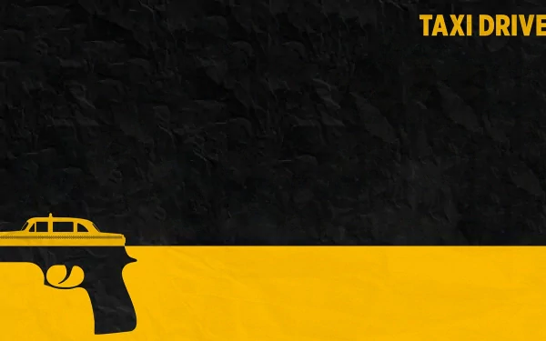 Stylized HD wallpaper for the movie Taxi Driver, featuring a striking design of a taxi and gun against a bold black and yellow background.