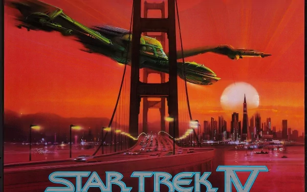 HD PC desktop wallpaper featuring a vibrant red sunset over the Golden Gate Bridge with the spaceship from Star Trek IV: The Voyage Home soaring above the city skyline.