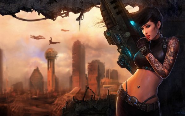 Sci Fi Women Warrior Tattoo Rifle Piercing City Asian Girls & Guns Sniper Sensual Post Apocalyptic HD Wallpaper | Background Image