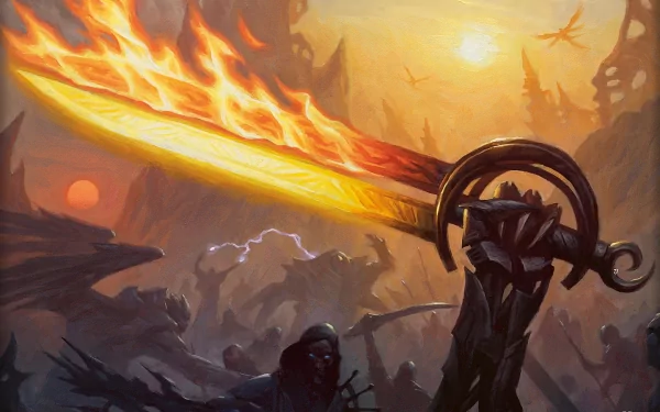 HD PC wallpaper featuring a fiery, man-made sword from Magic: The Gathering, set against a dramatic, fantasy landscape with glowing skies and distant flying creatures.
