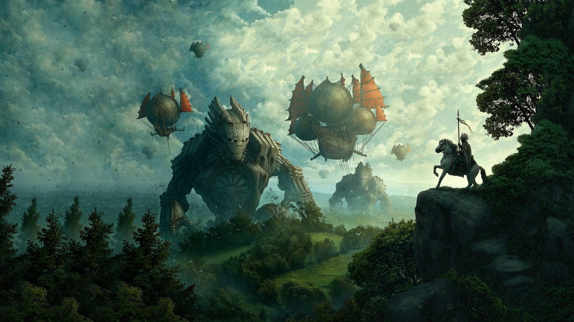 HD PC desktop wallpaper/background - fantasy scene of colossal giants striding through misty valleys guarded by balloon airships, while a lone knight watches from a forested cliff.