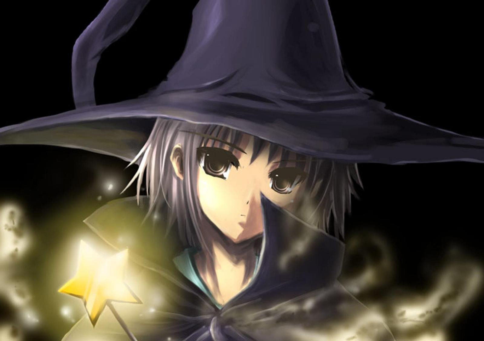 HD PC anime desktop wallpaper from The Melancholy of Haruhi Suzumiya: witch-costumed girl with short silver hair and wide hat, holding a glowing star wand against a dark, misty background.