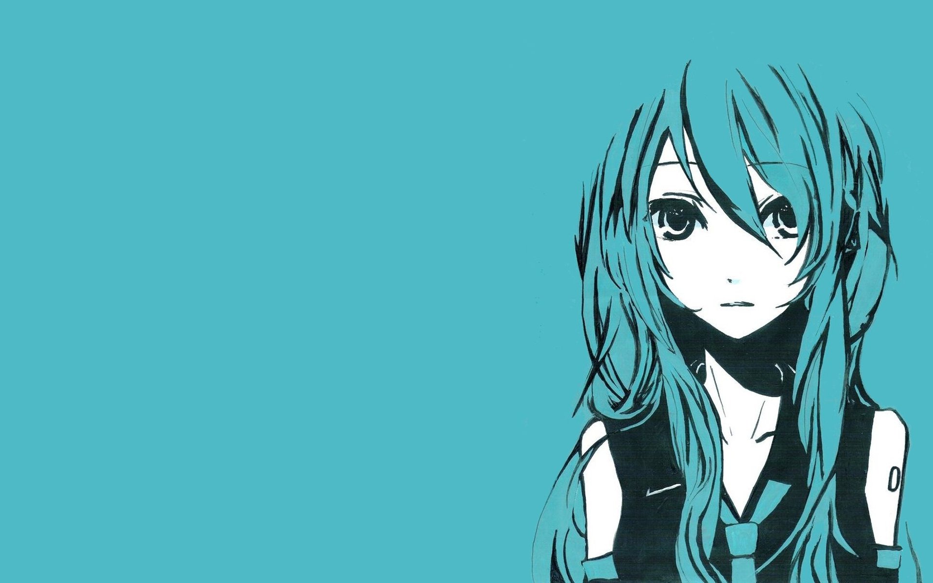 HD desktop wallpaper featuring anime character Hatsune Miku from Vocaloid, set against a simple turquoise background. Miku has her characteristic long teal hair flowing.