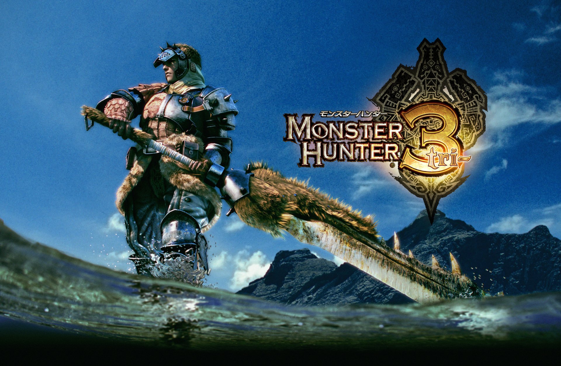 4K Ultra HD PC wallpaper: Monster Hunter 3 fantasy warrior wading in water, gripping a massive sword with mountains and sky behind him.