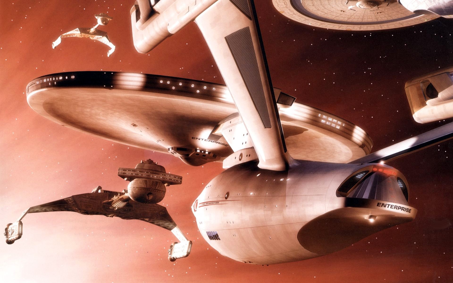 Sci-Fi Star Trek HD PC desktop wallpaper and background showing Starfleet ships, including a Constitution-class Enterprise, soaring amid glowing red nebulae and distant stars.