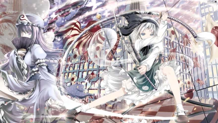 HD PC desktop wallpaper featuring Yuyuko Saigyouji and Youmu Konpaku from the anime Touhou, set against a dynamic, ethereal background with petals and architectural elements.