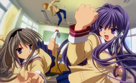 HD anime desktop wallpaper featuring Youhei Sunohara, Tomoyo Sakagami, and Kyou Fujibayashi from Clannad in a dynamic classroom scene.