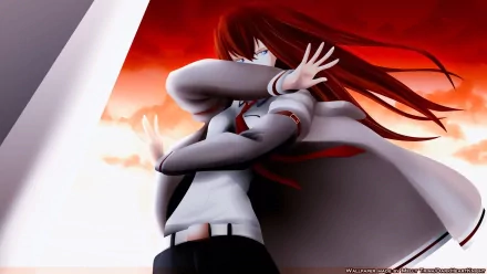 Kurisu Makise from Steins;Gate is depicted in this HD anime wallpaper, featuring her striking a dynamic pose against a dramatic fiery backdrop.