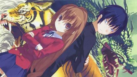 HD wallpaper featuring Taiga Aisaka and Ryuuji Takasu from the anime Toradora!, set against a backdrop of vibrant, mythical creatures.