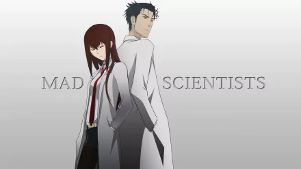 HD desktop wallpaper featuring Kurisu Makise and Rintaro Okabe from Steins;Gate. The characters stand back to back in lab coats with Mad Scientists text in the background.
