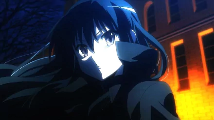 HD anime desktop wallpaper featuring a dark-haired character from Shakugan No Shana with intense eyes, set against a nighttime urban backdrop.