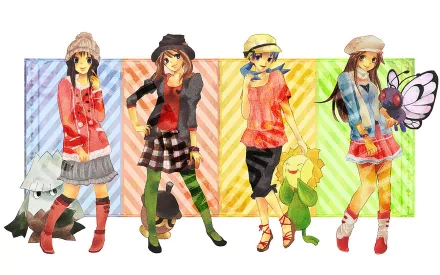 Anime-style HD PC wallpaper featuring four girls each paired with a Pokémon: Butterfree, Sunflora, Seedot, and a fourth Pokémon, set against colorful striped backgrounds.