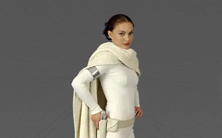 A stunning HD wallpaper featuring Natalie Portman in a stylish white outfit with a cozy scarf, exuding elegance and confidence against a gray background.