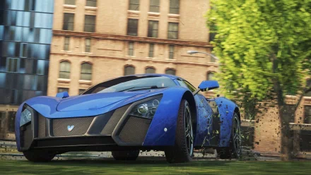 A sleek blue sports car featured in the HD desktop wallpaper for Need For Speed: Most Wanted, set against an urban backdrop with greenery and modern architecture.