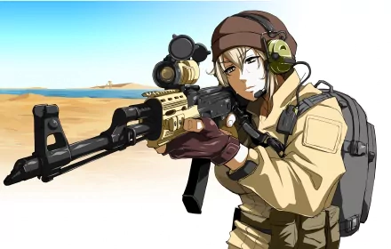 Anime-style military character aiming a scoped rifle in a desert setting, designed as an HD PC desktop wallpaper background.
