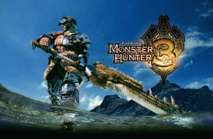 4K Ultra HD PC wallpaper: Monster Hunter 3 fantasy warrior wading in water, gripping a massive sword with mountains and sky behind him.